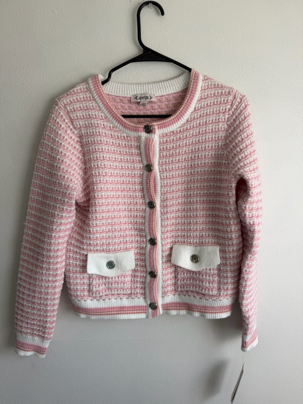 Nanette Lepore Pink and White Textured Knit Button-Front Cardigan NWT